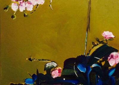 A painting of orchids and other flowers